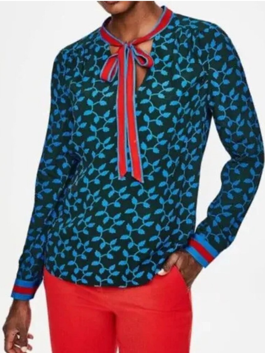 Boden Riley Tie Neck Long Sleeve Trellis Print Blouse Top Sz 8 Shirt